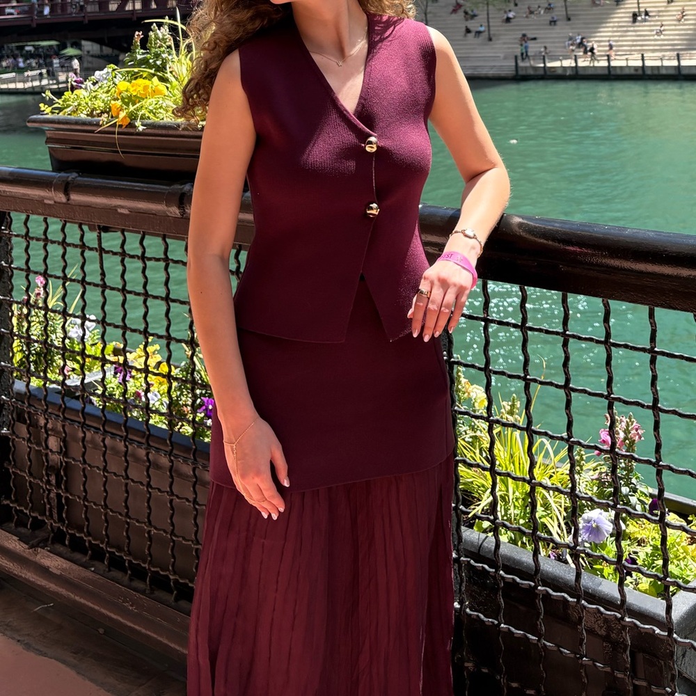Zara Burgundy Vest with mixed pleated skirt